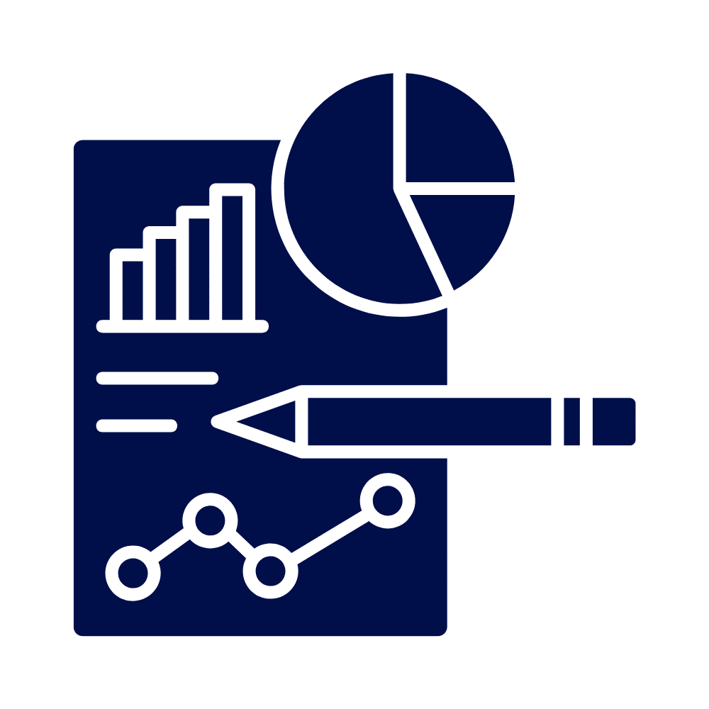 An icon representing data reporting and analysis with a document, pie chart, bar chart, pencil, and a connected data points graph.