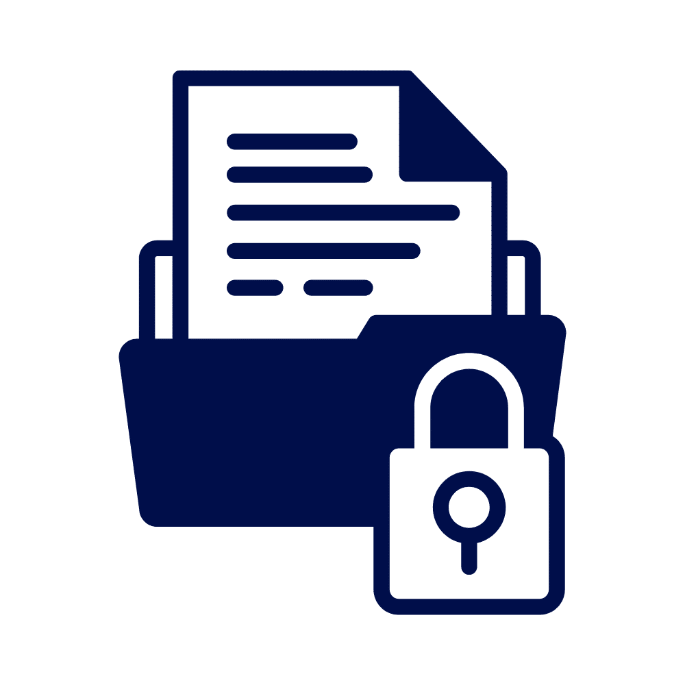 An icon representing data security and ethics with a folder, document, and a padlock.