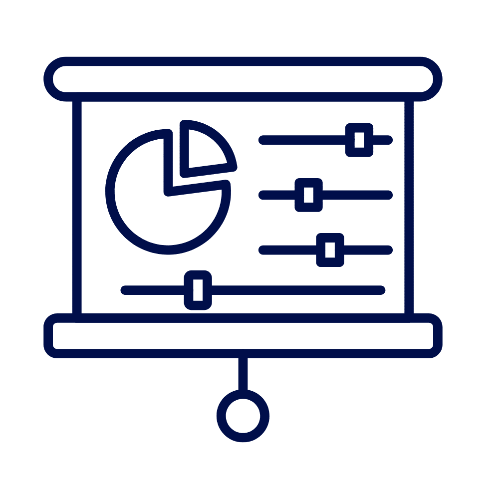An icon of a presentation board displaying a pie chart and slider controls.