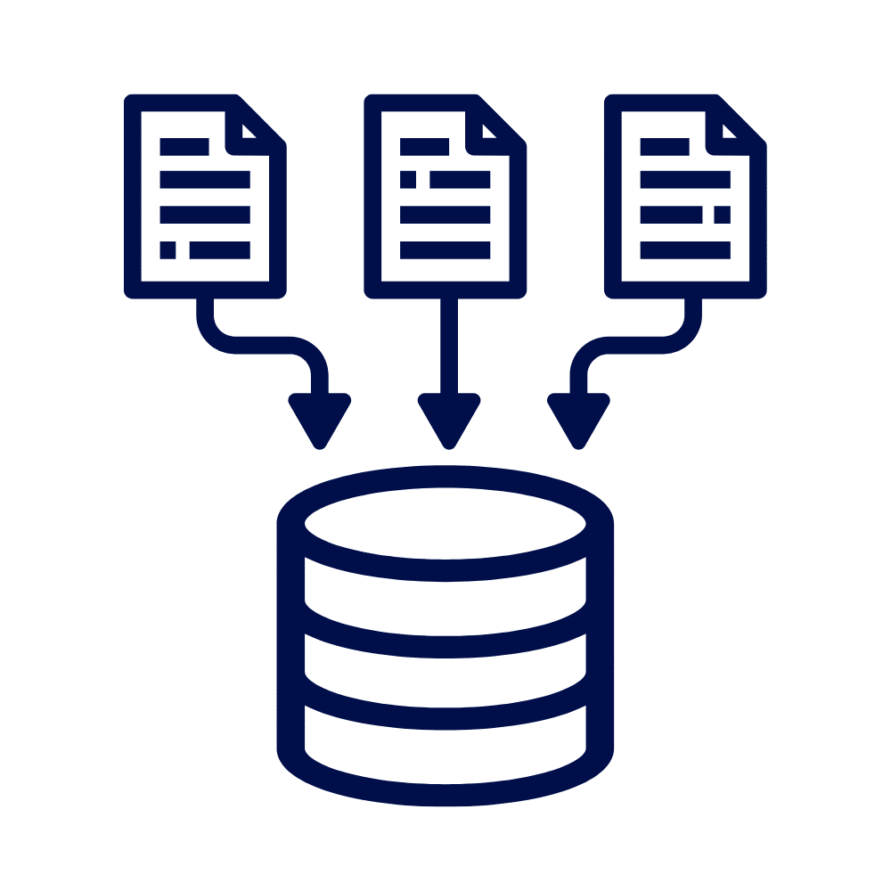 An icon showing three documents with arrows pointing into a cylindrical database.
