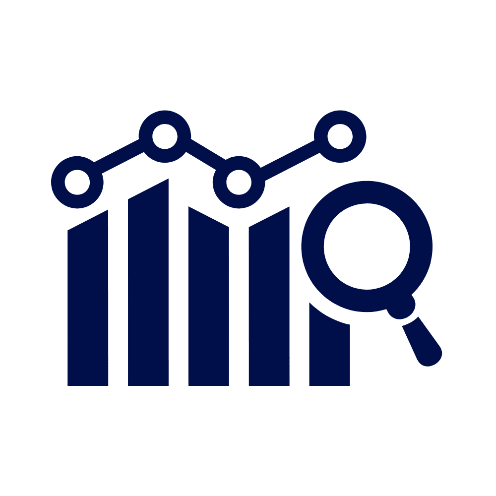 A navy line icon of a bar chart with four vertical bars and a connected line graph above, alongside a magnifying glass, on a white background