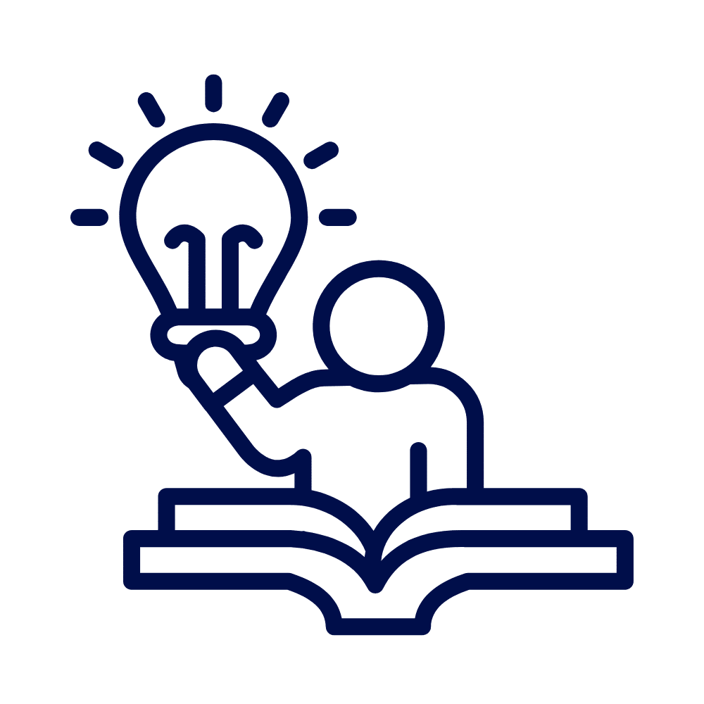 A navy line icon of a person behind an open book, holding up a lit lightbulb, on a white background