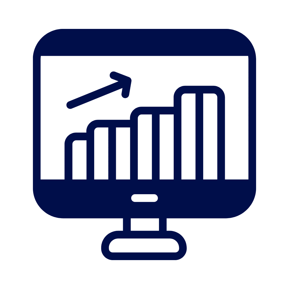 An icon of a computer screen displaying an ascending bar chart and upward arrow.