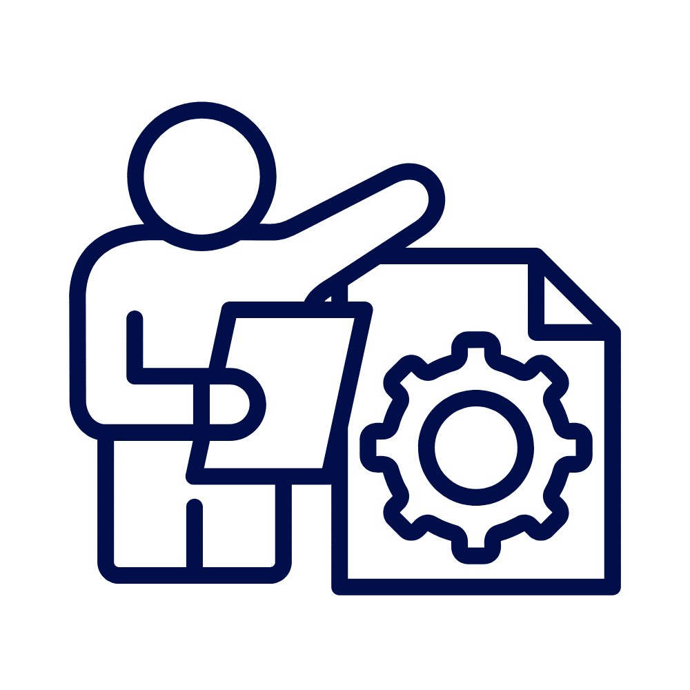 A navy line icon of a person pointing to a document, with a larger page behind it featuring a gear symbol, on a white background
