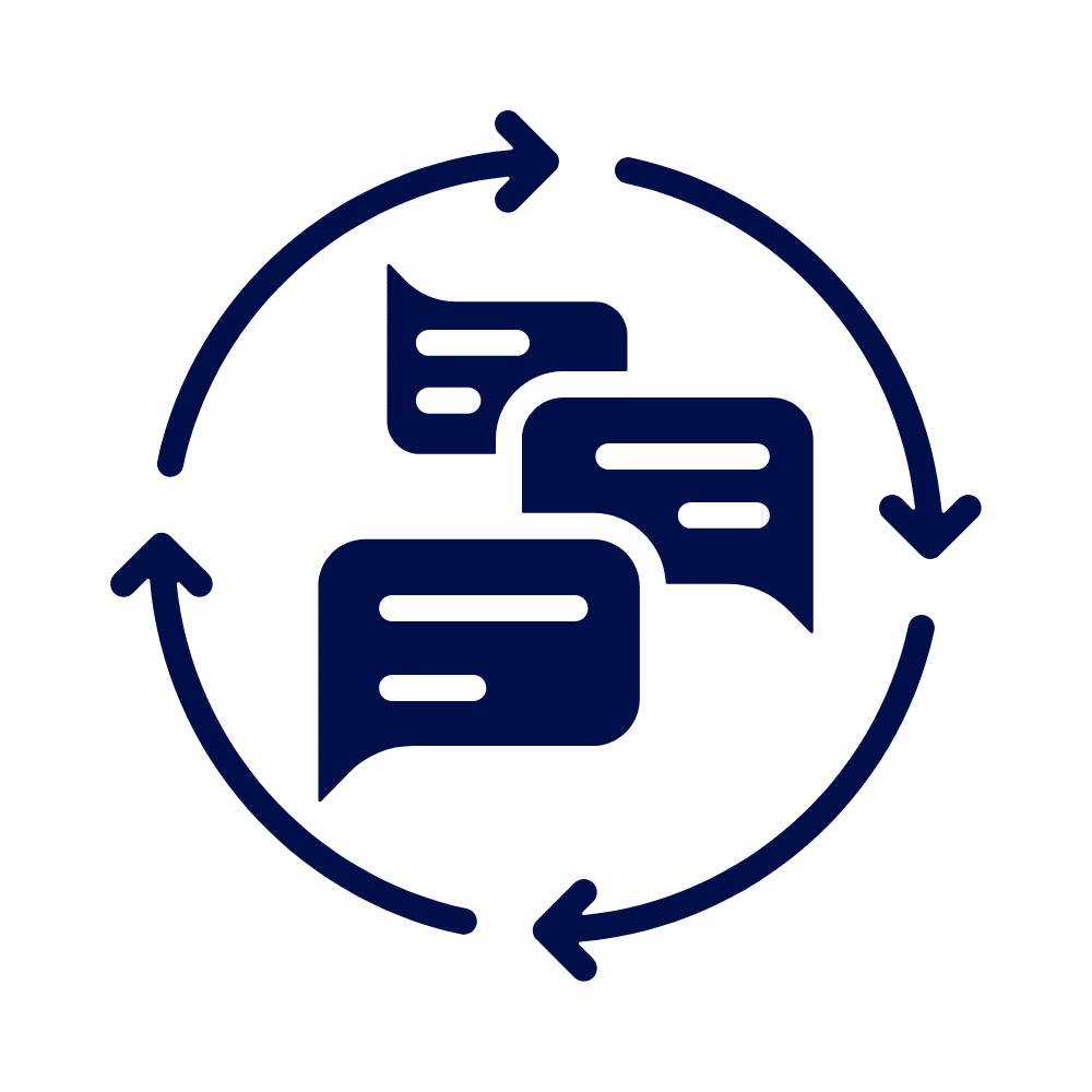 A navy line icon of multiple speech bubbles surrounded by a circular arrow loop, on a white background