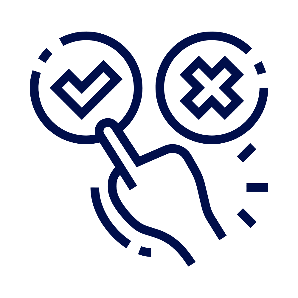 A navy line icon of a hand linking two circles, one containing a tick and the other a cross, on a white background