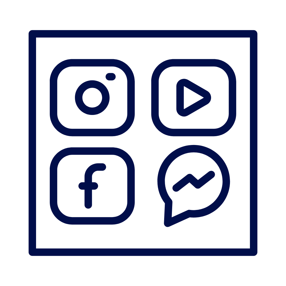 A navy line icon set within a square frame, featuring four social media symbols: an Instagram-style camera, a play button, a Facebook-style “f,” and a speech bubble with a tick.
