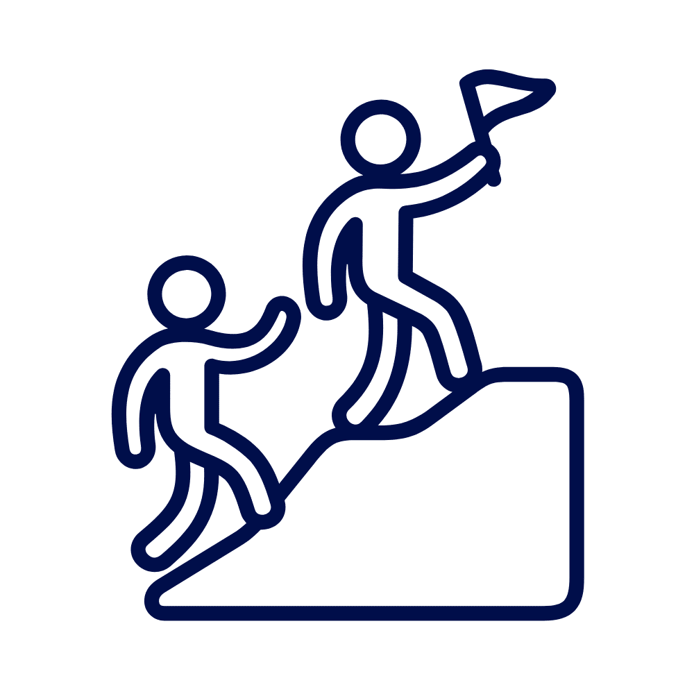 A navy line icon of two stylised figures climbing a slope, with the front figure holding a small flag, on a white background