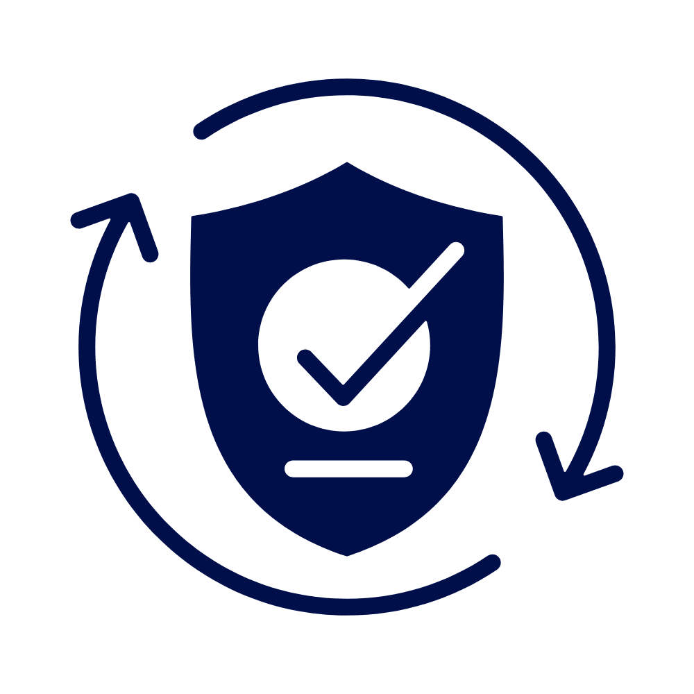 A navy line icon of a shield with a large tick in the centre, surrounded by curved arrows, on a white background