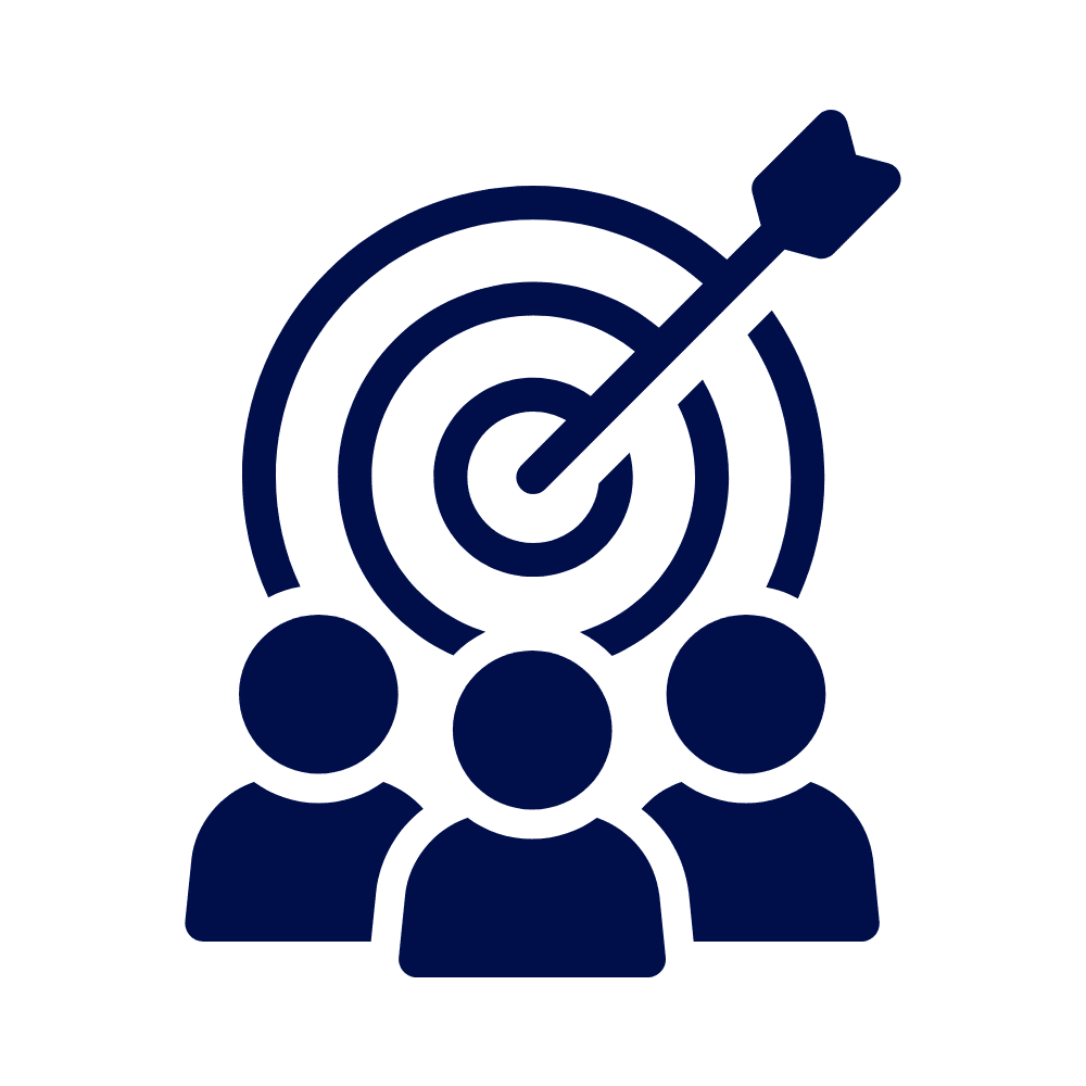 Navy silhouettes of three people in front of a circular target with an arrow in the centre, on a white background