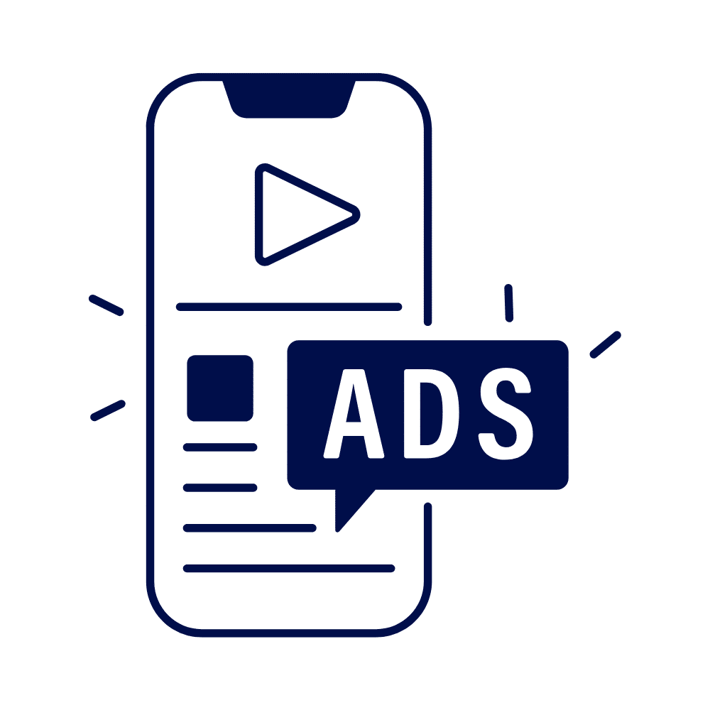 A navy line icon of a smartphone displaying a play button and text, with a speech bubble labelled “ADS,” on a white background