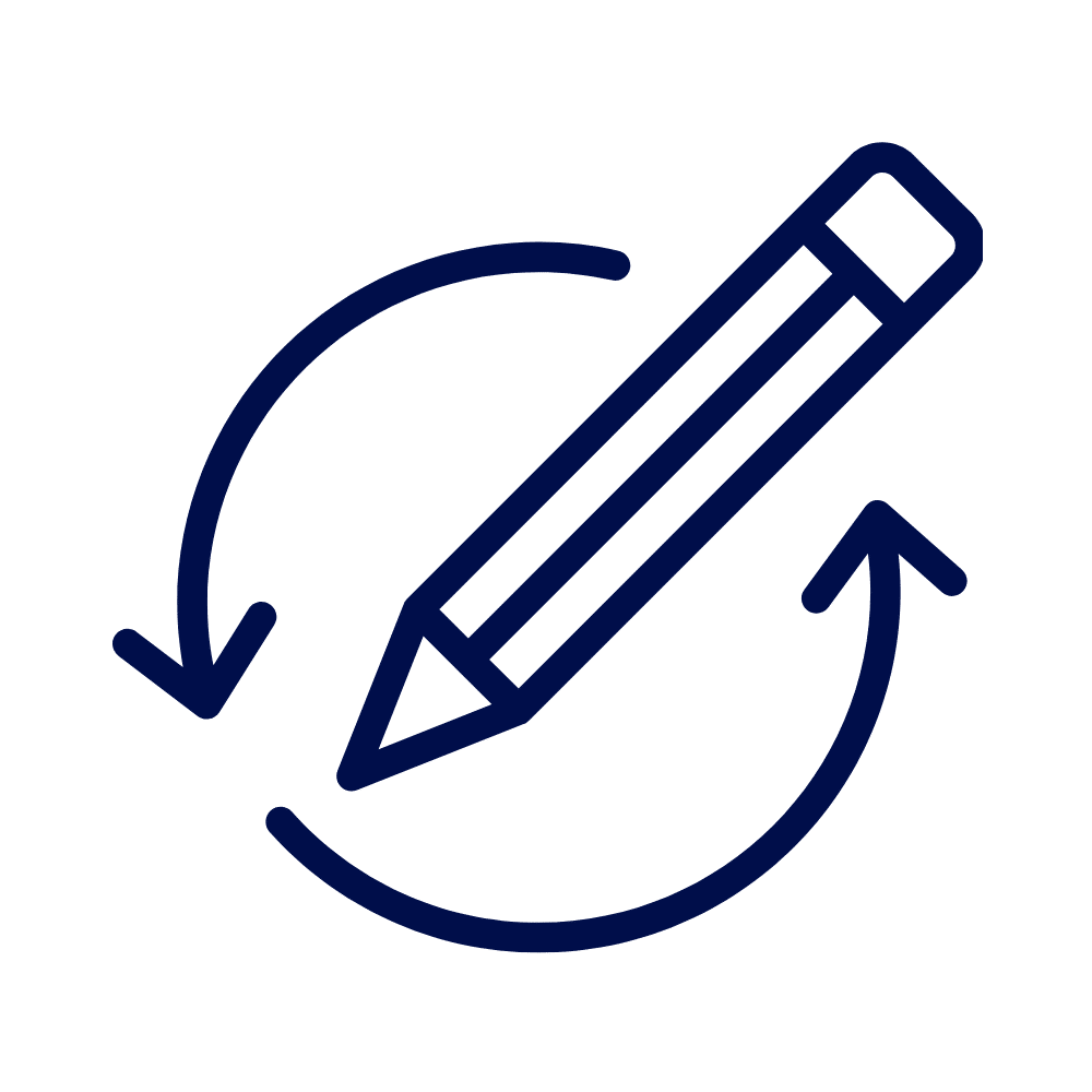 A navy line icon of a diagonal pencil encircled by a curved arrow, on a white background