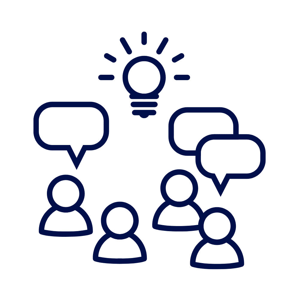 A navy line icon of four people with speech bubbles and a lightbulb above them, on a white background