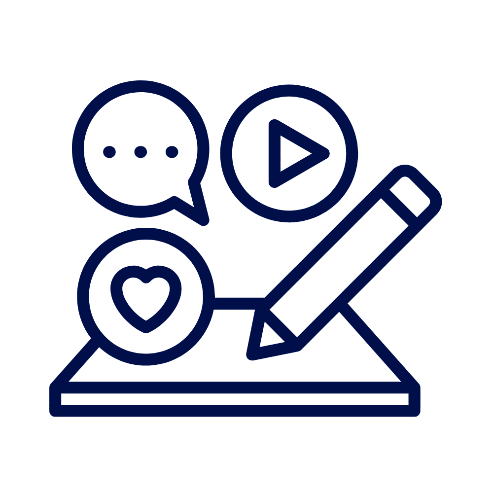 A navy line icon featuring a pencil, a speech bubble, a play icon, and a heart symbol, all arranged above a flat surface.