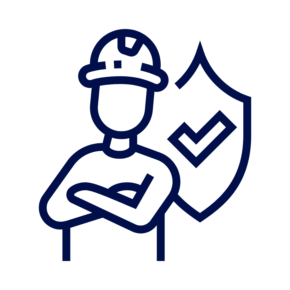 A navy line icon of a person wearing a hard hat with arms folded, standing in front of a shield featuring a tick, on a white background