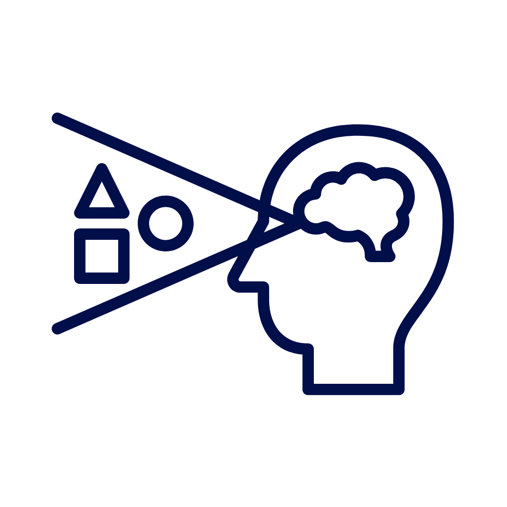 A navy line icon of a person’s profile with a brain inside, connected by diagonal lines to three shapes (triangle, circle, square) on a white background