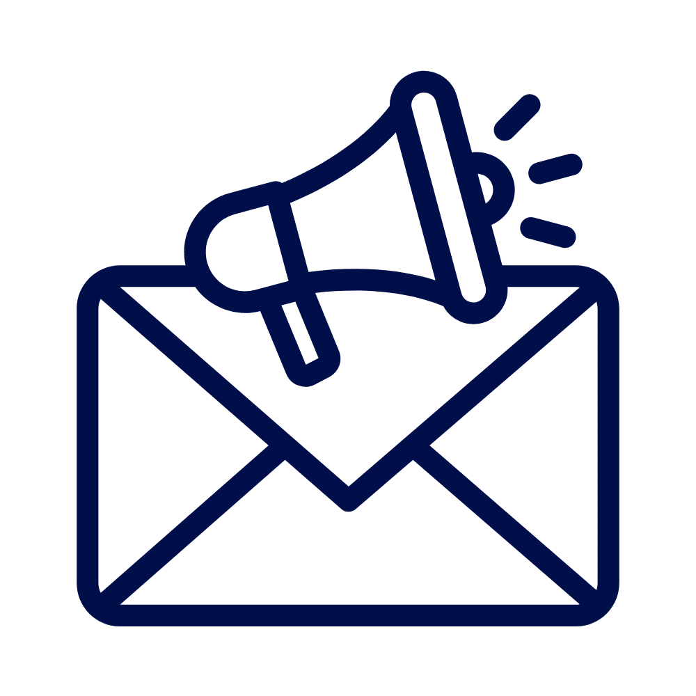 A navy line icon of an open envelope with a megaphone resting on top, on a white background