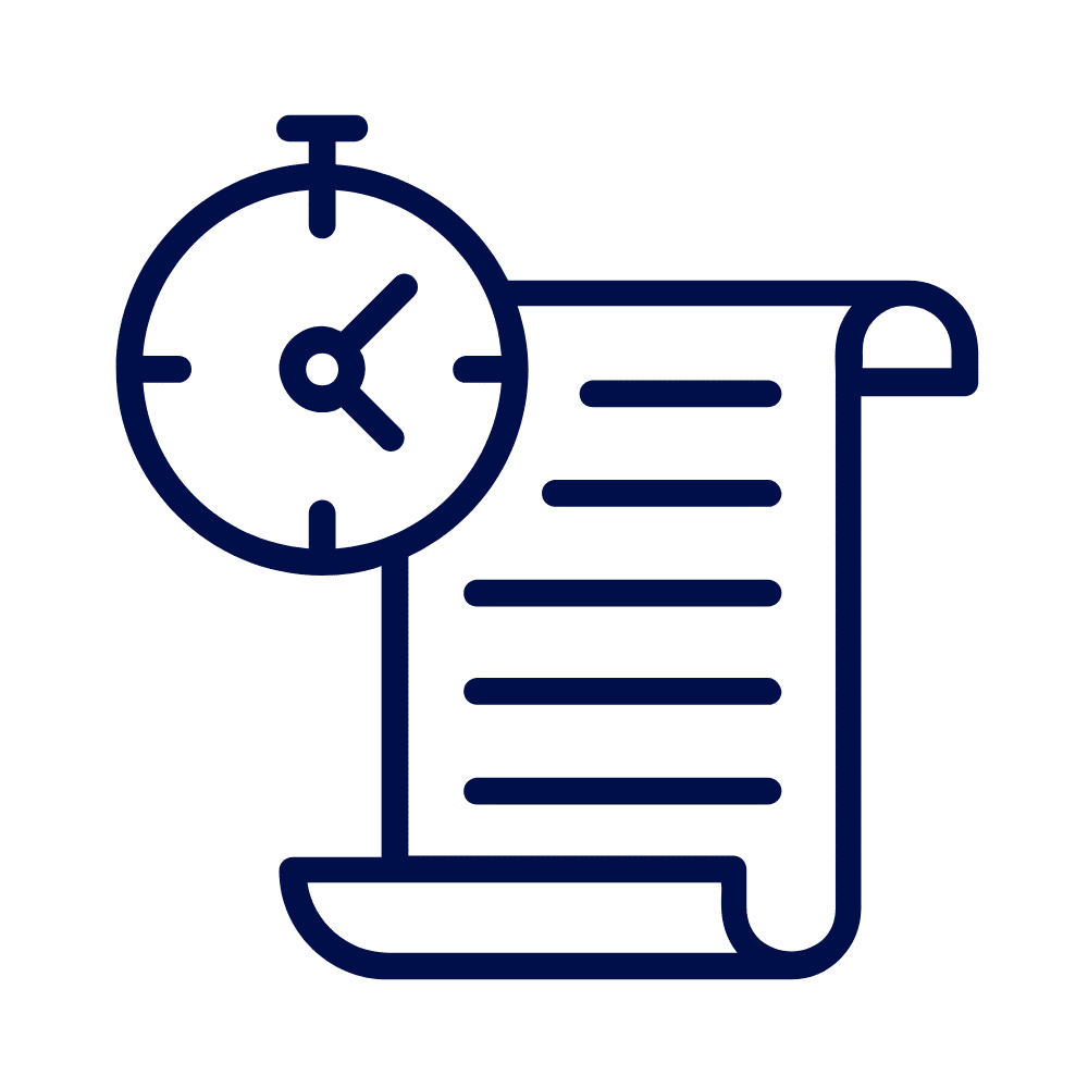 A navy line icon of a stopwatch next to a partially unrolled document with horizontal text lines, on a white background