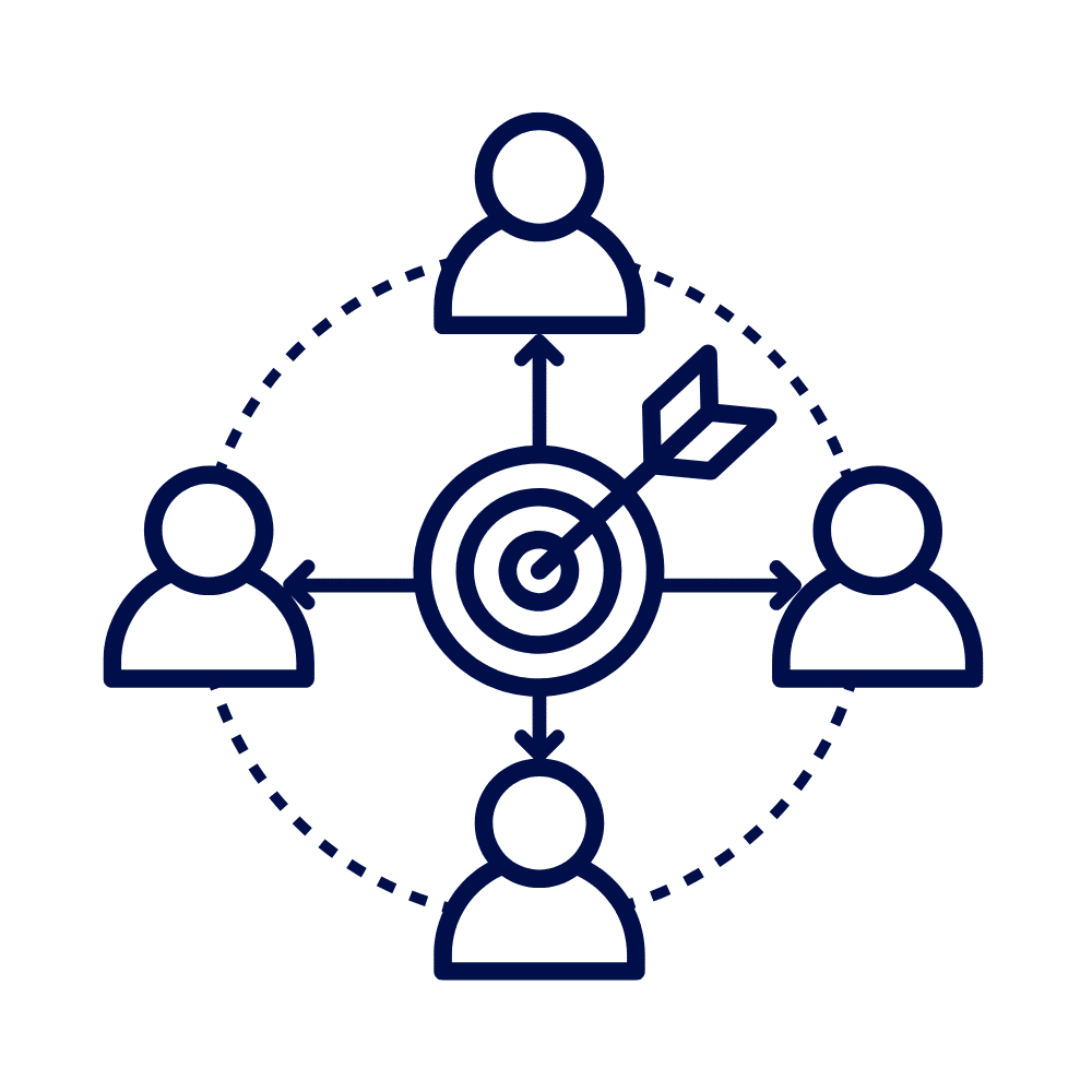 A navy line icon showing a target with an arrow in the bullseye, connected by arrows to four stylised figures around it, on a white background