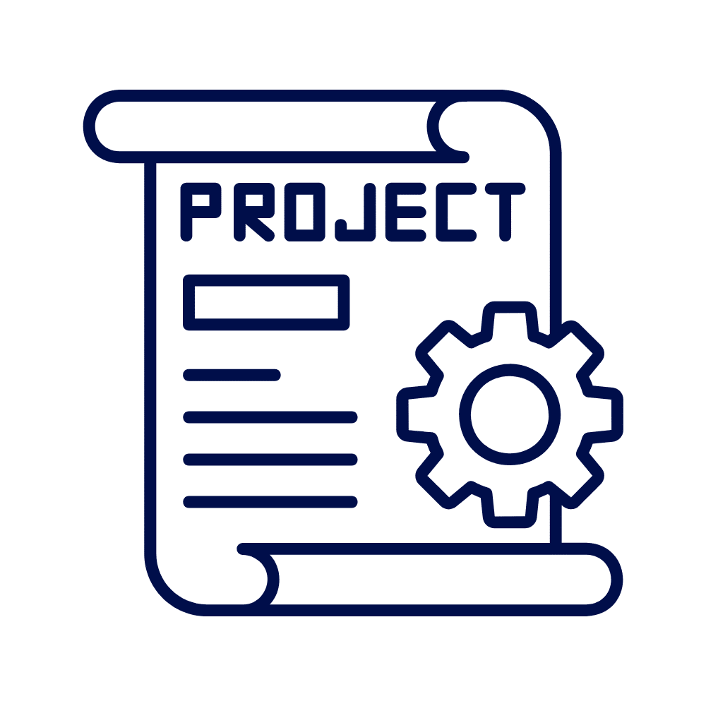 A navy line icon of a partially unrolled scroll with the word “PROJECT” at the top, text lines beneath, and a cog on the right, on a white background