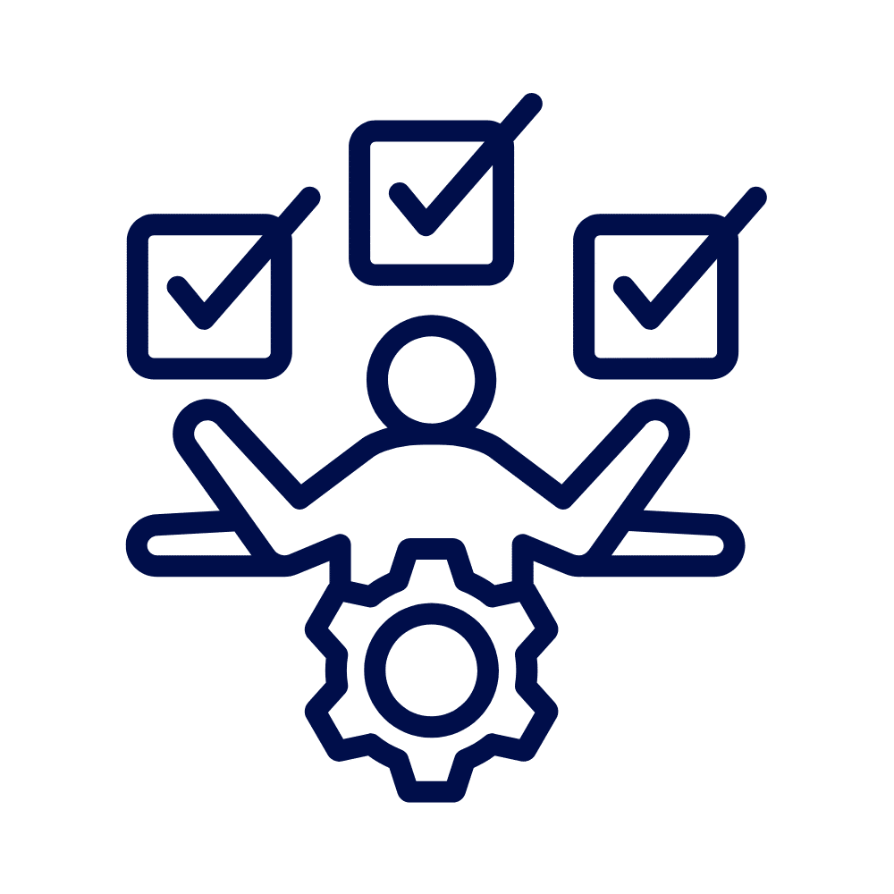 A navy line icon of a person with three checkboxes above them, each ticked, and a cog at the bottom, on a white background