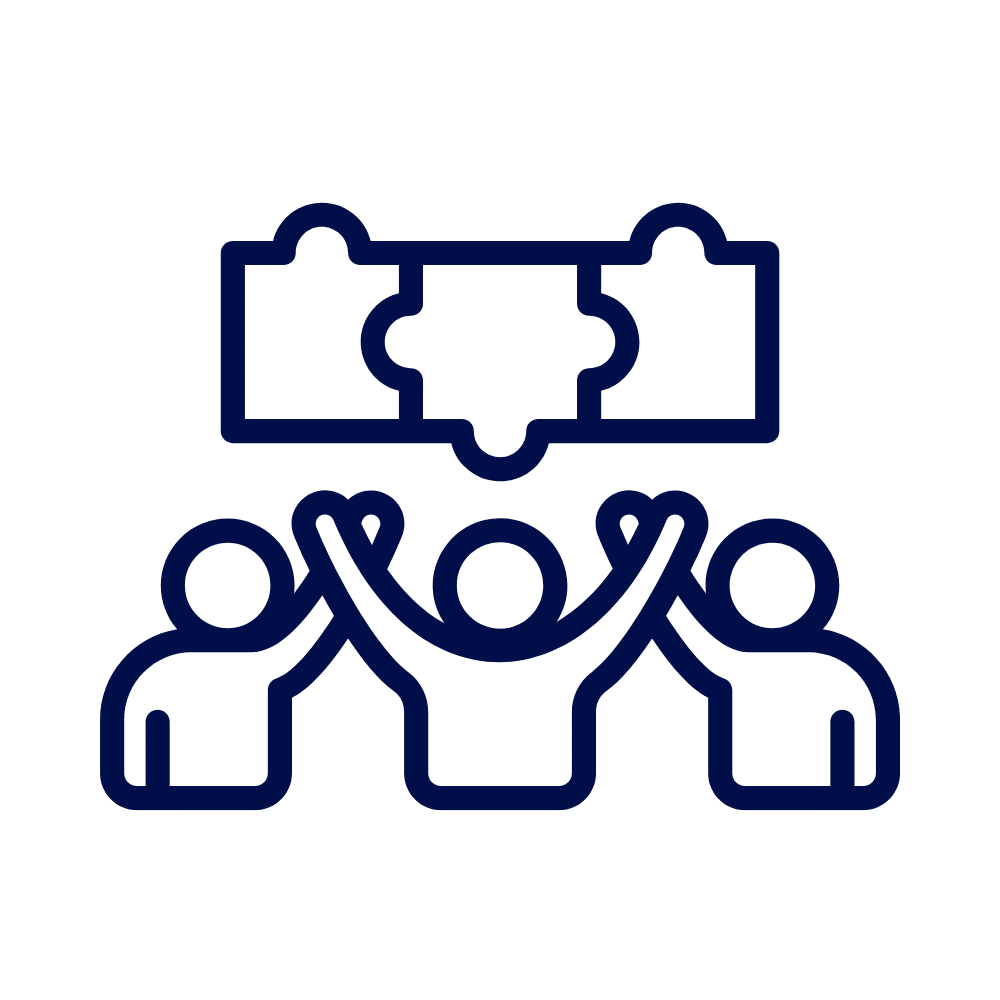 A navy line icon of three people raising their arms together, with a jigsaw puzzle piece above them, on a white background