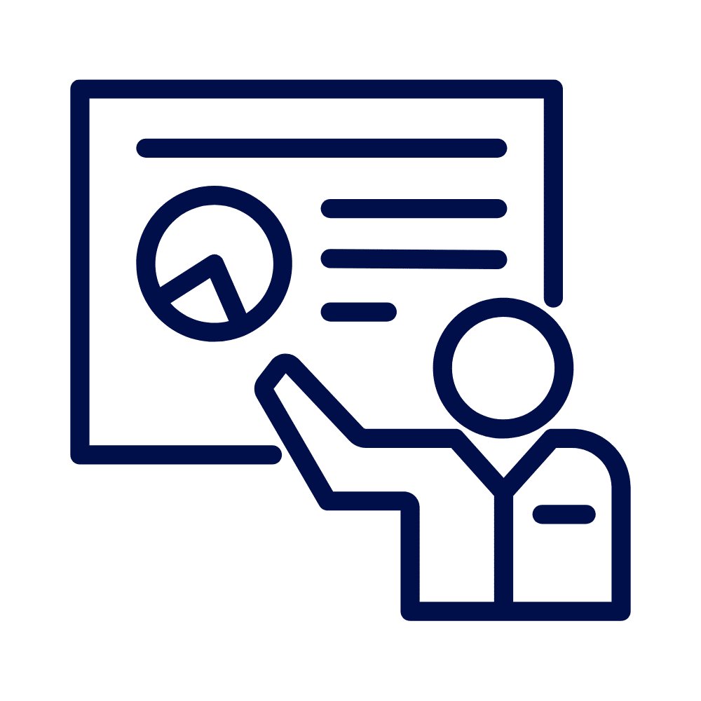 A navy line icon of a person standing before a rectangular presentation screen with lines of text and a circular chart, on a white background