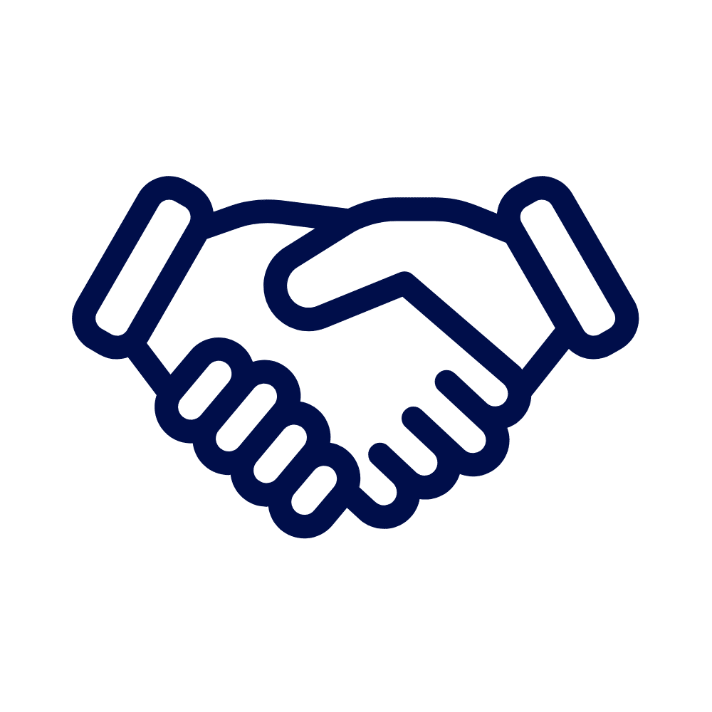 A navy line icon of two hands clasped in a handshake, on a white background