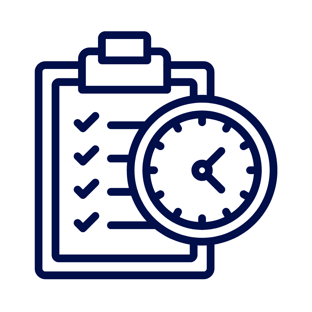 A navy line icon of a clipboard checklist and a clock on a white background