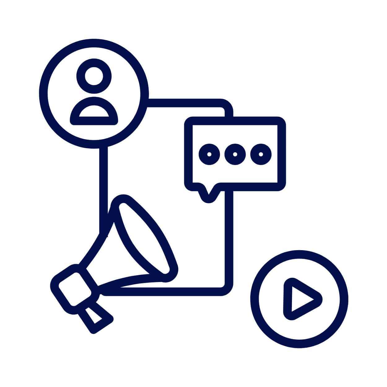 Navy outline icon of a person profile, speech bubble, megaphone, and play button on a white background