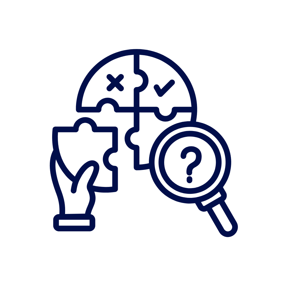 Puzzle pieces with a magnifying glass and a hand holding a piece, symbolizing problem-solving and communication.
