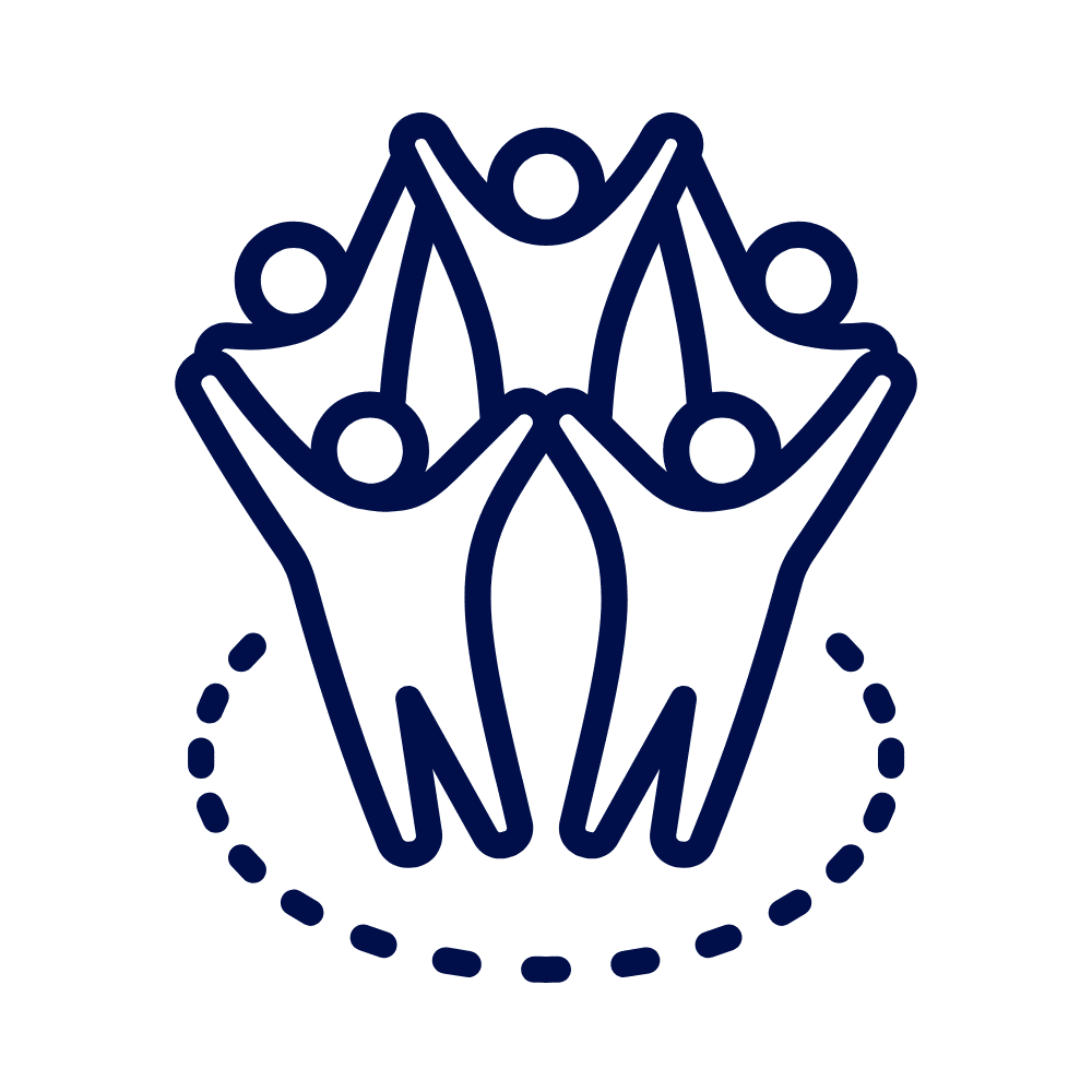 Icon of five people standing in a circle with arms raised, symbolizing teamwork and collaboration.