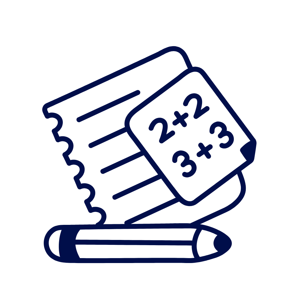 Icon of a pencil with sheets of paper showing maths sums, symbolizing English and Maths learning.