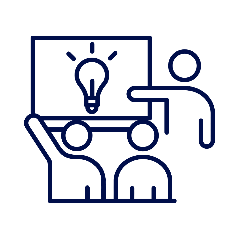 Icon of a teacher presenting an idea to students, with a lightbulb on a screen symbolizing learning.