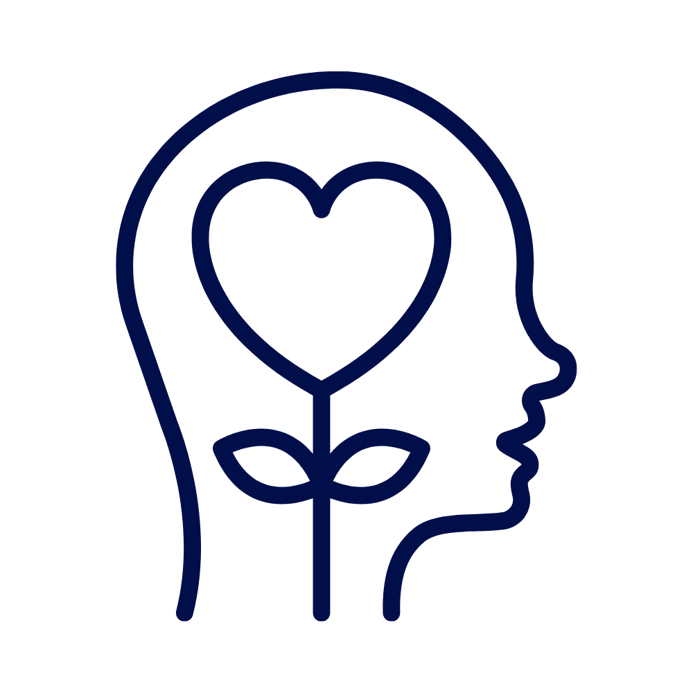 Icon of a human head outline with a heart-shaped flower inside, symbolizing care and wellbeing.