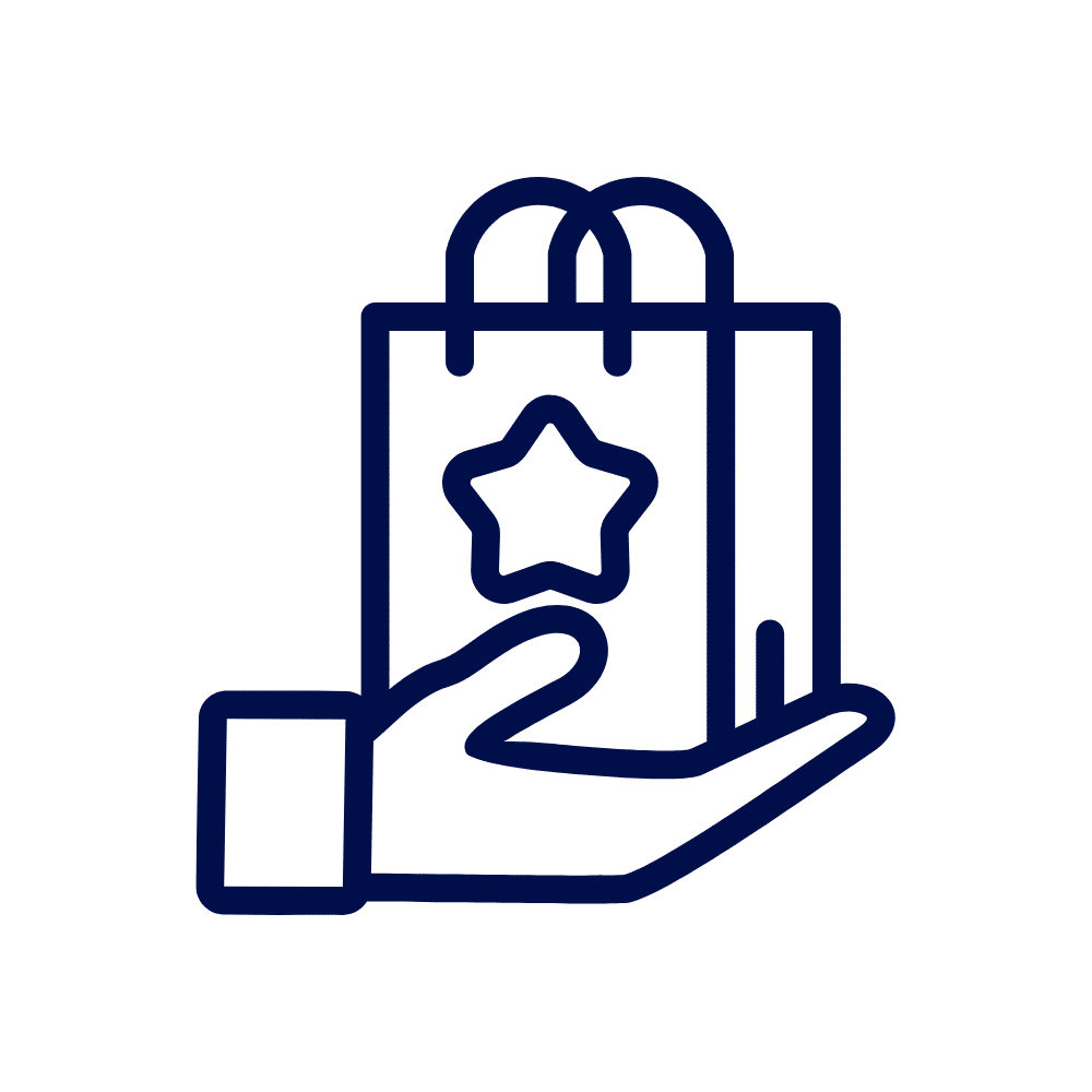 A hand holding a shopping bag with a star on it, representing product knowledge and quality service.