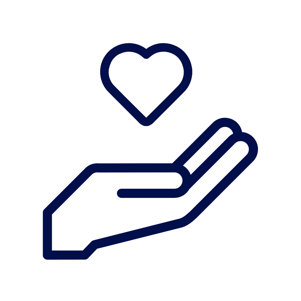 Icon of a hand holding a heart, symbolizing support and care.