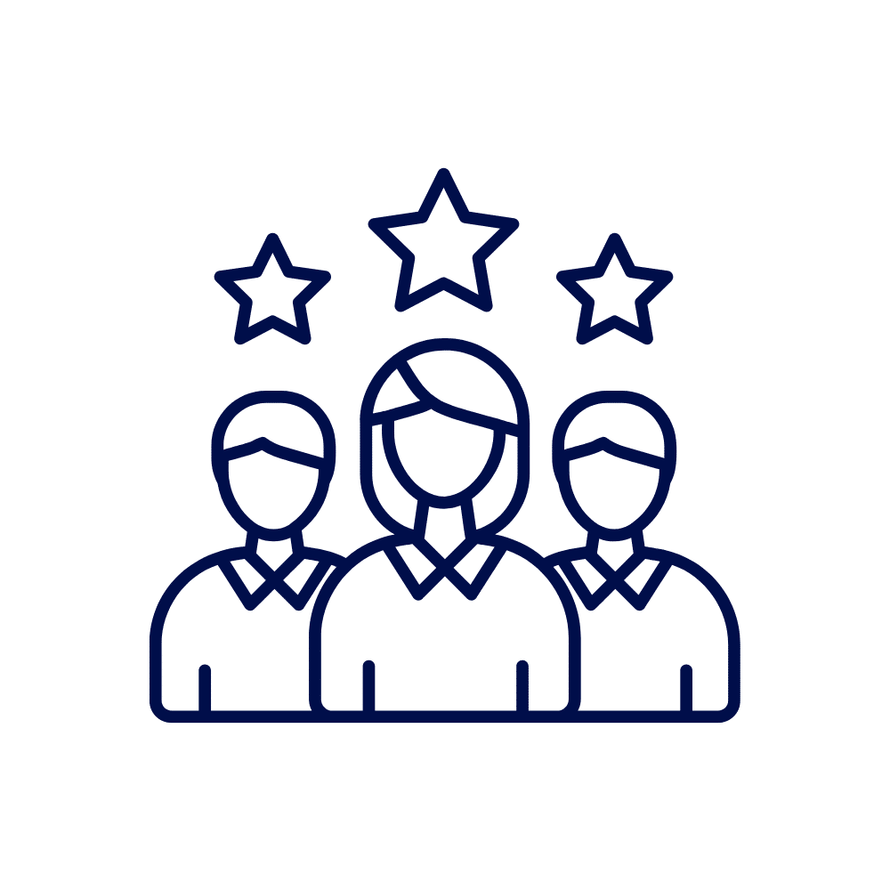 Three outlined figures with stars above their heads representing team excellence and customer satisfaction.