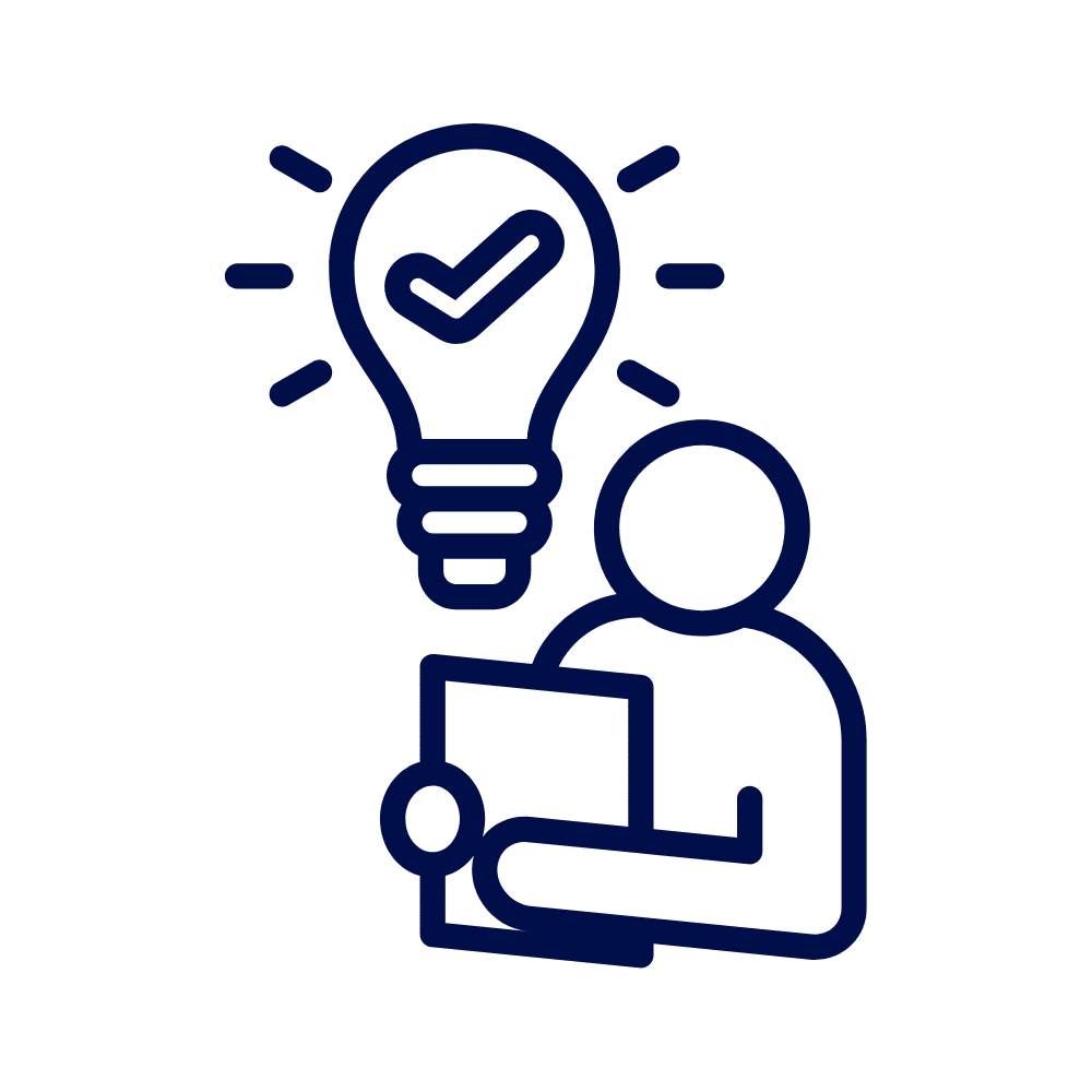 Icon of a person holding a document with a glowing lightbulb and check mark above, symbolizing learning and understanding.