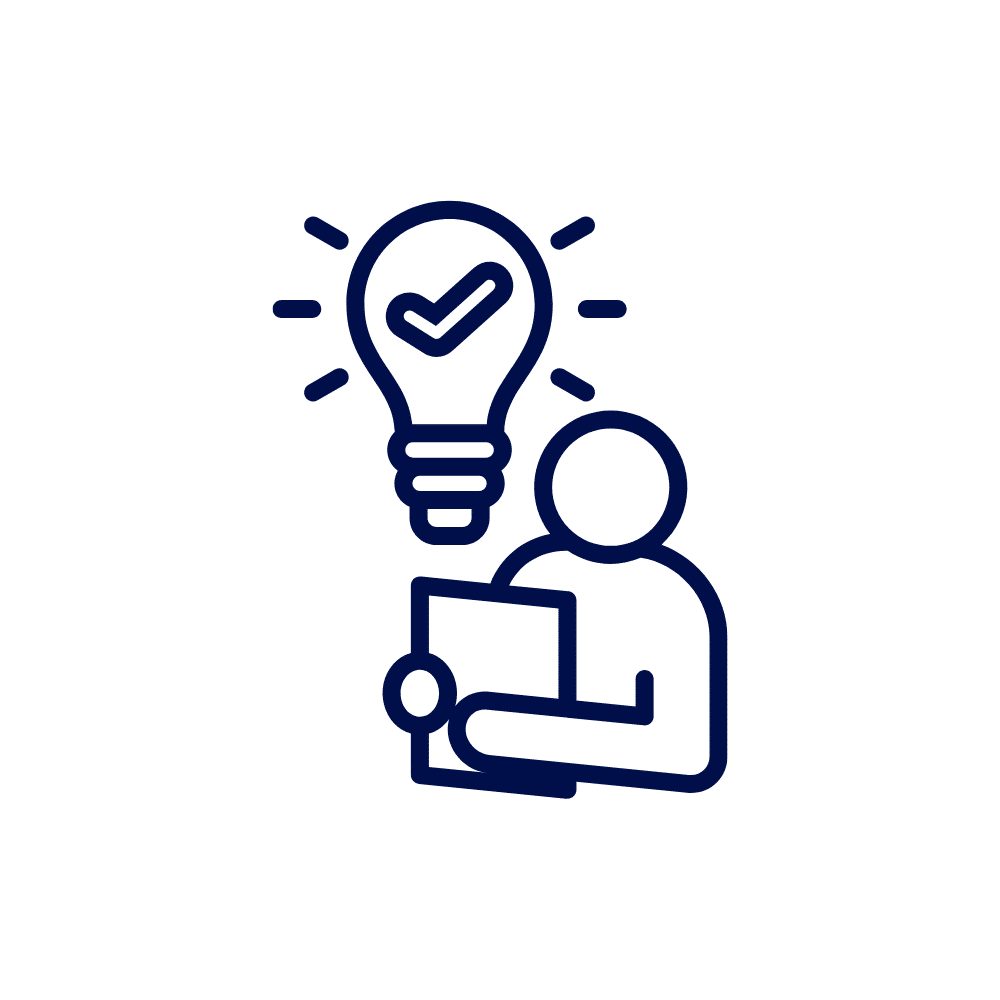Person holding documents with a lightbulb overhead containing a check mark, symbolizing understanding marketing concepts.