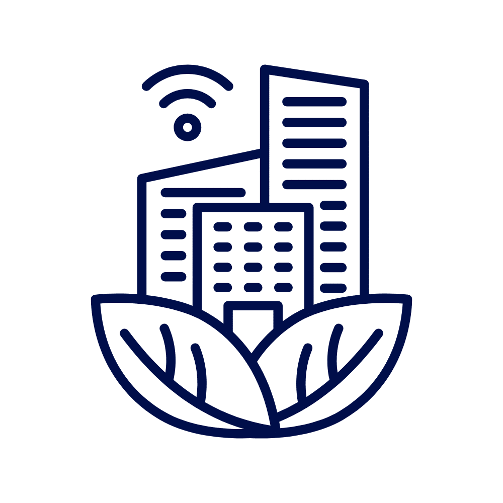 Illustration of city buildings supported by leaves with a wireless symbol representing sustainable and connected digital retail